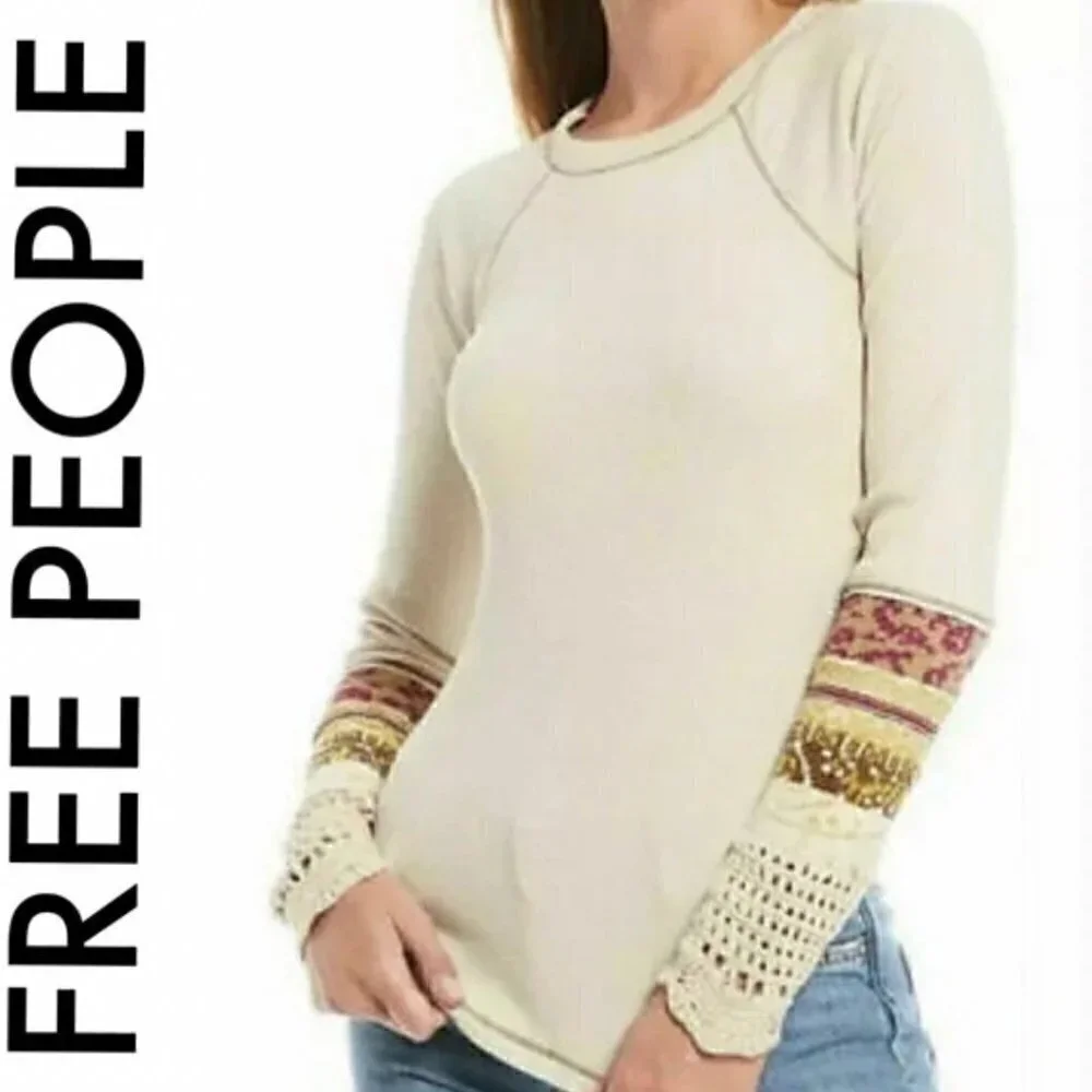 NWT Free People Women Mix Thermal Cuff Boho Hobo Gypsy Y2K Top Sweater